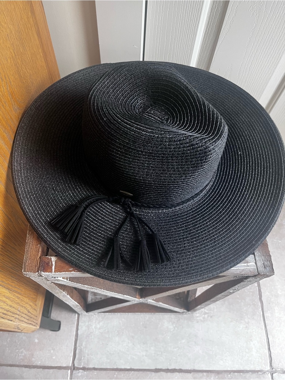 C.C New Black Wide-Brim Black Paper Braid Gambler Crown Sun Hat NWOT - Picture 2 of 15